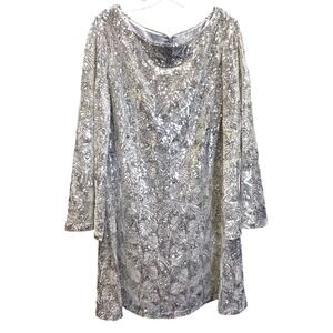 Preston & York Womens Sequin Geometric Pattern Dress Size 14 Silver Long Sleeve